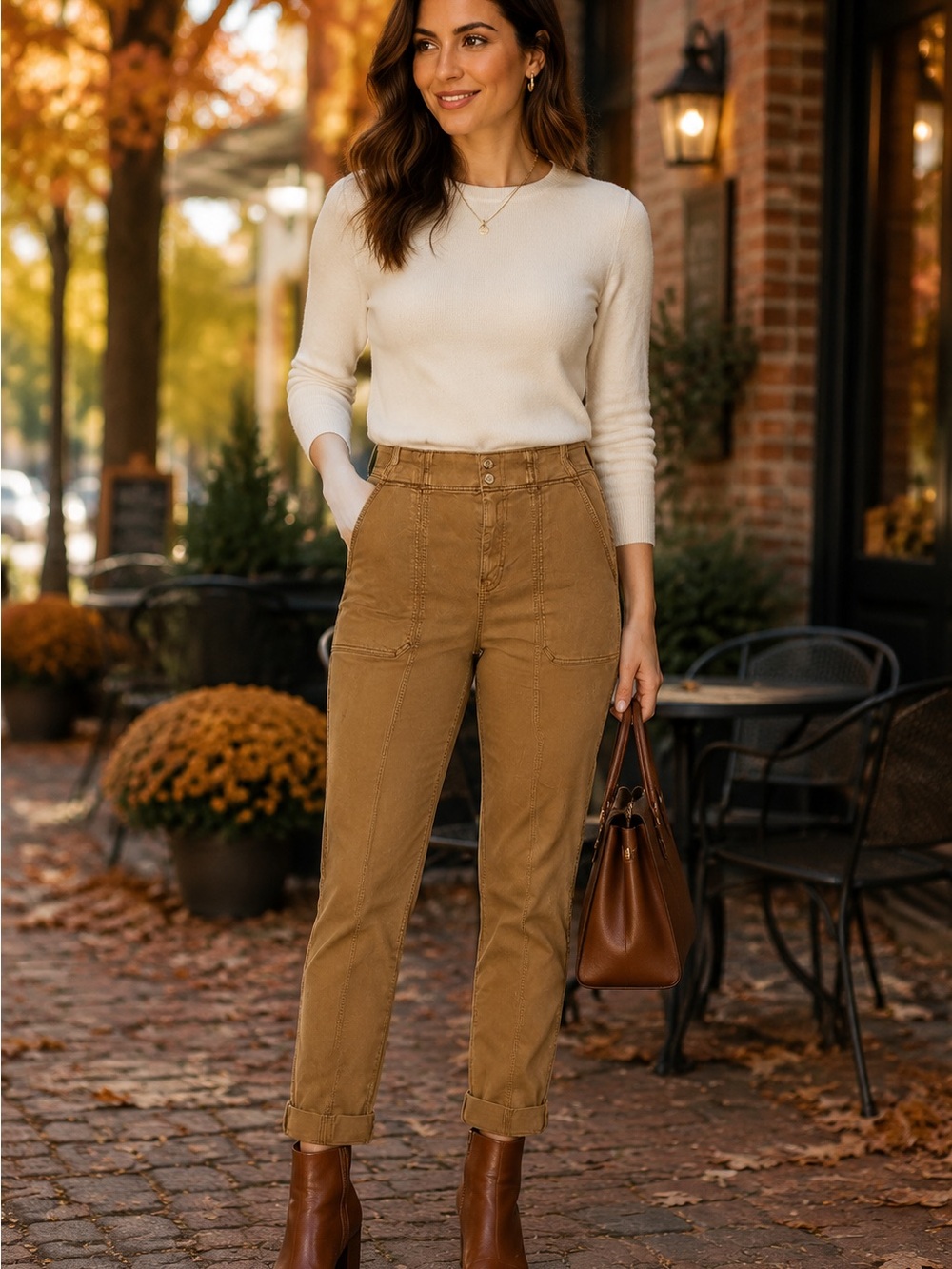 White House Black Market Cream Sweater with Tan Boyfriend Utility Jeans Military